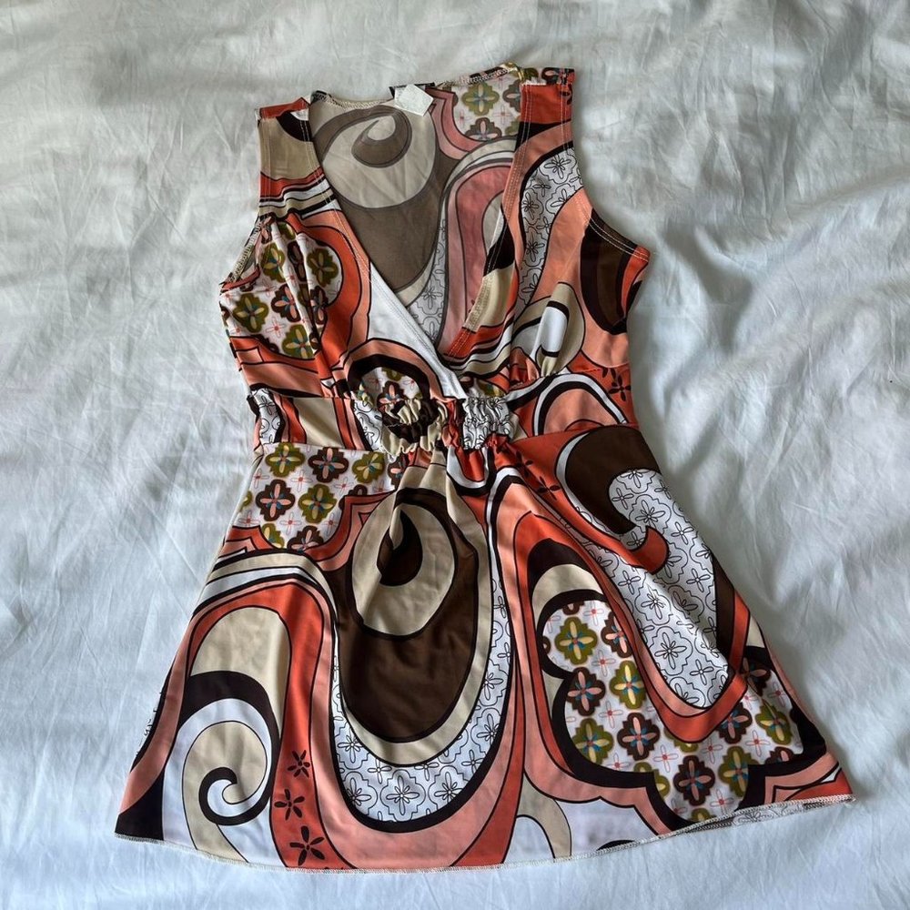 70s Psychedelic Print Ruched Blouse Tank